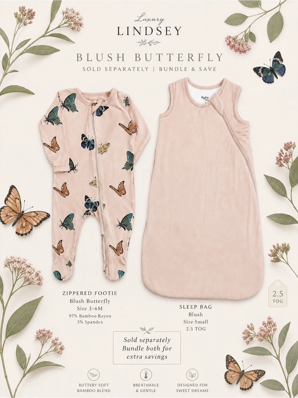 Kyte BABY Bamboo Sleep Bag — Blush | 2.5 TOG | Small